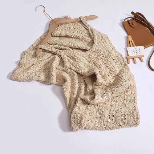 Load image into Gallery viewer, Summer French Beige Elegant Hollow Out Button Knitted Long Dress Women Fashion Temperament Sleeveless Backless Dress 2024 Simple
