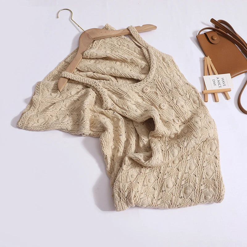 Summer French Beige Elegant Hollow Out Button Knitted Long Dress Women Fashion Temperament Sleeveless Backless Dress 2024 Simple
