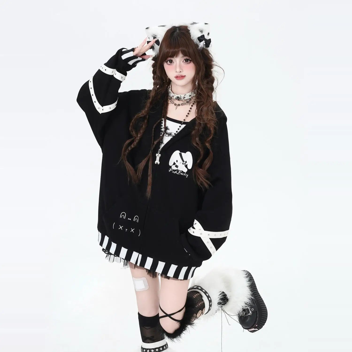 Streetwear Jackets Women Clothing Fashion Striped Rabbit Ears Hooded Outwear Casual Zipper Anime Cute Coats Y2k Tops Ropa Mujer