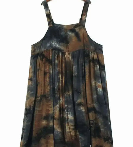 Women Tie Dye Pleated Big Size Casual Strap Dress New Square Collar Sleeveless Fashion Tide Spring Autumn 2025  1DH6611