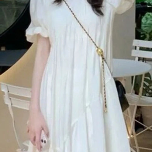 Load image into Gallery viewer, Elegant Office Lady Midi Dress New Summer French O-necked Short Sleeve White Dress Women Loose Solid Color Dresses Female
