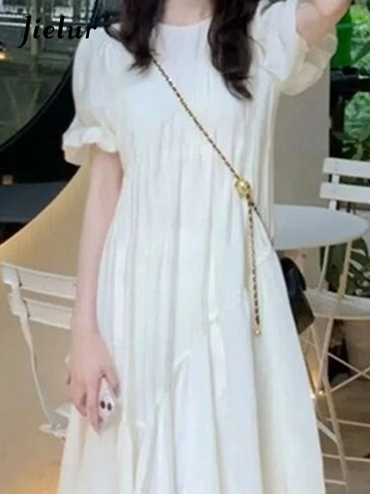 Elegant Office Lady Midi Dress New Summer French O-necked Short Sleeve White Dress Women Loose Solid Color Dresses Female