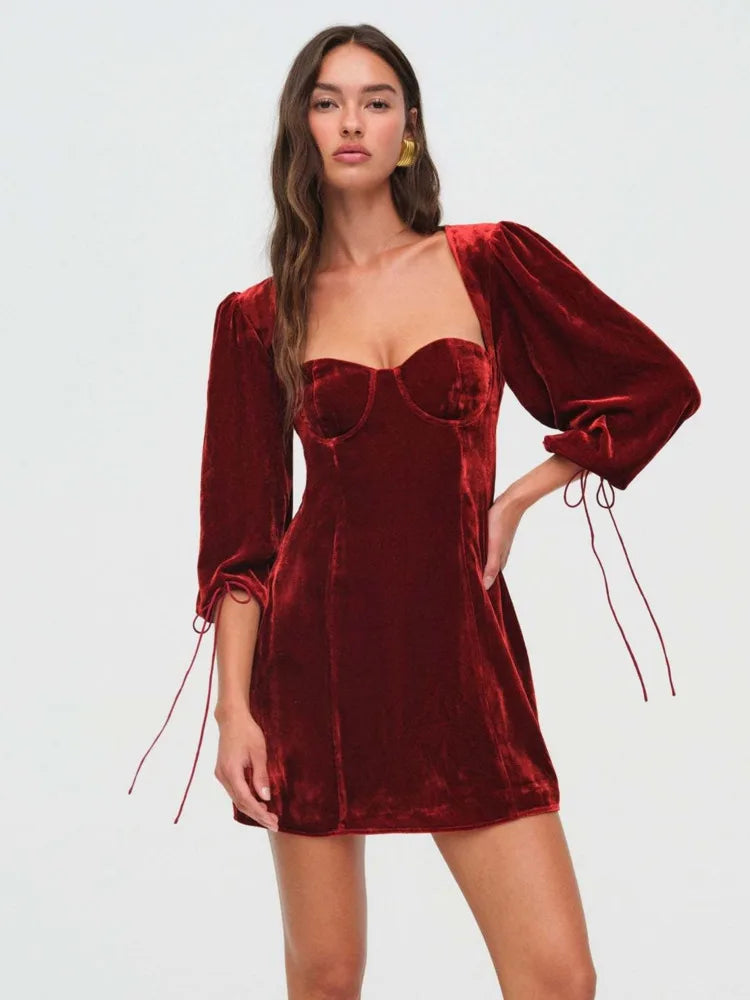 Elegant Long Sleeved Velvet Hollow Out Dress Women Sexy Backless Party Evening Dress Autumn/Winter 2025 New Slim Vestido