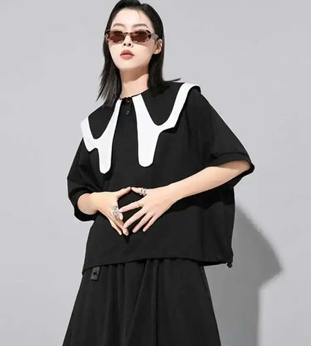 Women Black Color-block Big Size Casual T-shirt New Round Neck Half Sleeve Fashion Tide Spring Summer  2025 1DE7645