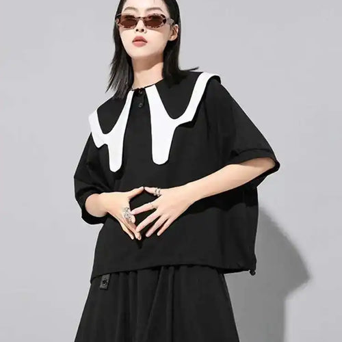 Load image into Gallery viewer, Women Black Color-block Big Size Casual T-shirt New Round Neck Half Sleeve Fashion Tide Spring Summer  2025 1DE7645
