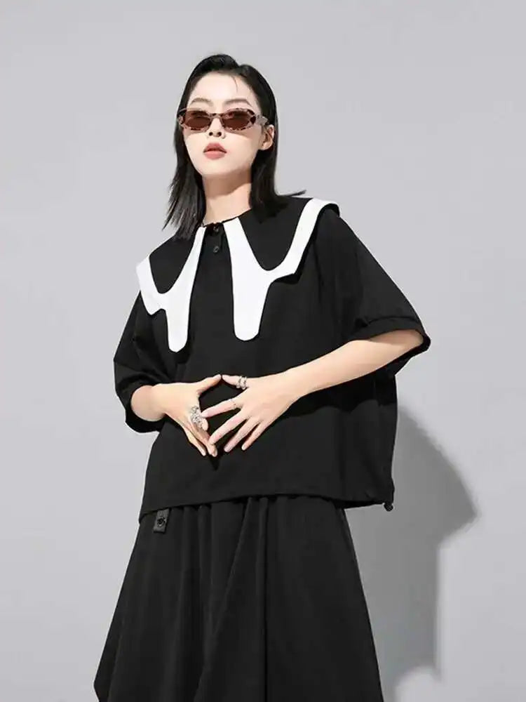 Women Black Color-block Big Size Casual T-shirt New Round Neck Half Sleeve Fashion Tide Spring Summer  2025 1DE7645