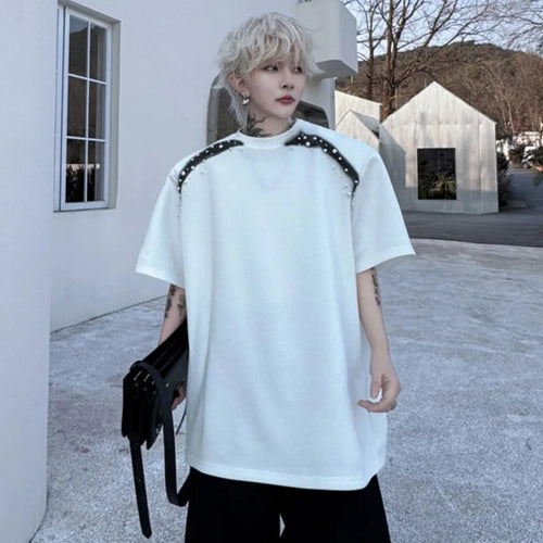 Load image into Gallery viewer, Summer New T-shirts Spray Painted Nail Bead Decoration Loose Round Neck Men&#39;s Short Sleeve T-shirt Patchwork Tees 9W1497
