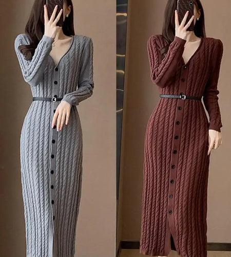 Autumn Winter Brown Single Breasted Knitted Sweater Dresses Women's Grey Elegant Office Ladies V-neck Split Dress Casual Fashion