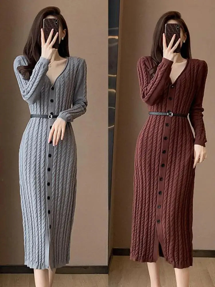 Autumn Winter Brown Single Breasted Knitted Sweater Dresses Women's Grey Elegant Office Ladies V-neck Split Dress Casual Fashion