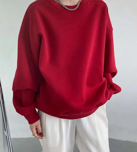 Red Apricot Casual Plain Sweatshirt New Round Neck Long Sleeve Women Big Size Fashion Tide Spring Autumn 2025 1DH6655