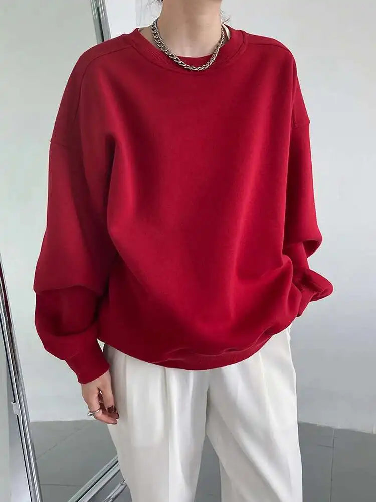 Red Apricot Casual Plain Sweatshirt New Round Neck Long Sleeve Women Big Size Fashion Tide Spring Autumn 2025 1DH6655