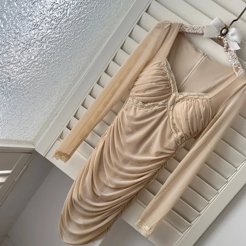 Load image into Gallery viewer, Autumn Winter Khaki Lace Square Neck Elegant Slim Pleated Dress For Women New Brown Mesh Long Sleeves Festival Short Dress Trend
