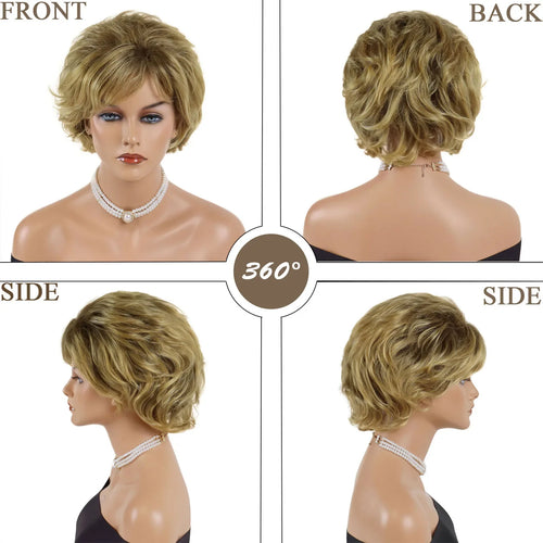 Load image into Gallery viewer, Synthetic Hair Short Curly Wigs for Women Gradient Golden Blonde Wig with Bang Layered Haircut Natural Wig Gift Costume
