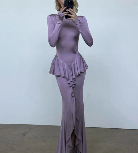 Elegant High Elasticity Tight Long Sleeve Maxi Party Club Evening Dress Women Irregular Slim Long Vestdos Spring New2025
