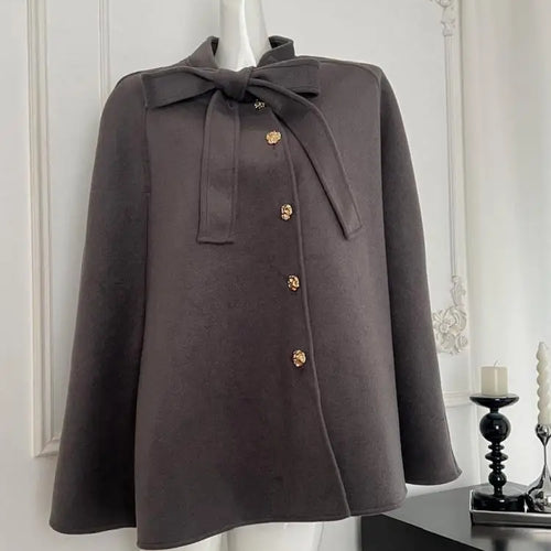 Load image into Gallery viewer, Korean Women's Beige Black Loose Woolen Coat Fashion Grey Single Breasted Long Sleeve Bow Lace-up Jacket 2024 Autumn Winter Chic
