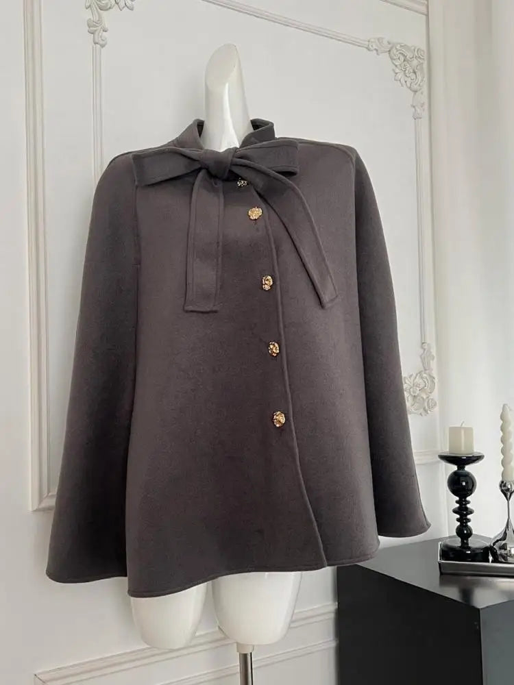 Korean Women's Beige Black Loose Woolen Coat Fashion Grey Single Breasted Long Sleeve Bow Lace-up Jacket 2024 Autumn Winter Chic