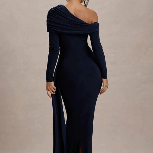 Load image into Gallery viewer, Skew Collar Long Sleeve Sexy Maxi Dress For Women Gown Fashion Backless Draped Ruched Bodycon Club Long Dress Elegant
