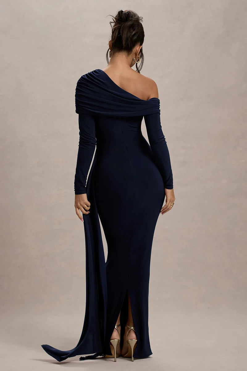 Skew Collar Long Sleeve Sexy Maxi Dress For Women Gown Fashion Backless Draped Ruched Bodycon Club Long Dress Elegant