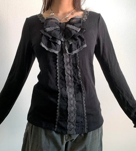 Chic Vintage Lace Trim Y2K Top Women Clothing Gothic Korean Fashion Pullover Bow Cute Autumn T shirt Preppy Style
