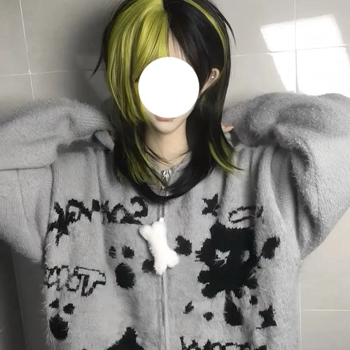 Load image into Gallery viewer, Y2k Aesthetic Gray Cartoon Jacquard Cardigans Winter Hooded Streetwear Oversized Tops Grunge Casual Zippers Knitted Sweaters
