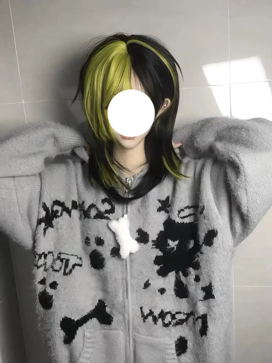 Y2k Aesthetic Gray Cartoon Jacquard Cardigans Winter Hooded Streetwear Oversized Tops Grunge Casual Zippers Knitted Sweaters