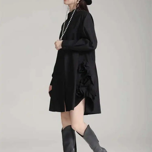 Load image into Gallery viewer, Women White Black Side Flower Big Size Long Blouse New Lapel Long Sleeve Shirt Fashion Tide Spring Autumn 2025 1DH4780
