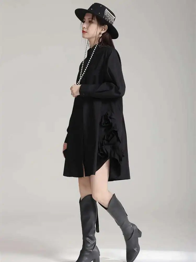 Women White Black Side Flower Big Size Long Blouse New Lapel Long Sleeve Shirt Fashion Tide Spring Autumn 2025 1DH4780