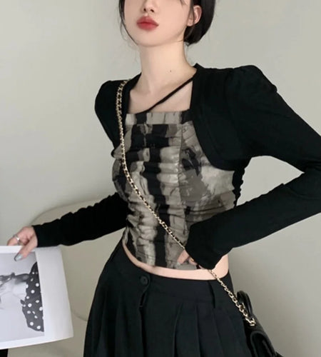 y2k Tops Women Aesthetic Clothes Tie-Dye Pattern Square Collar Long Sleeve Pleated T Shirts 2000s Clothing Streetwear