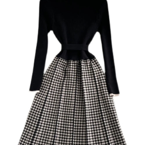 Load image into Gallery viewer, Women's New French Vintage Black Patchwork Lattice Slim Temperament Knit Dress Autumn Winter Elegant Bandage Party Long Dresses
