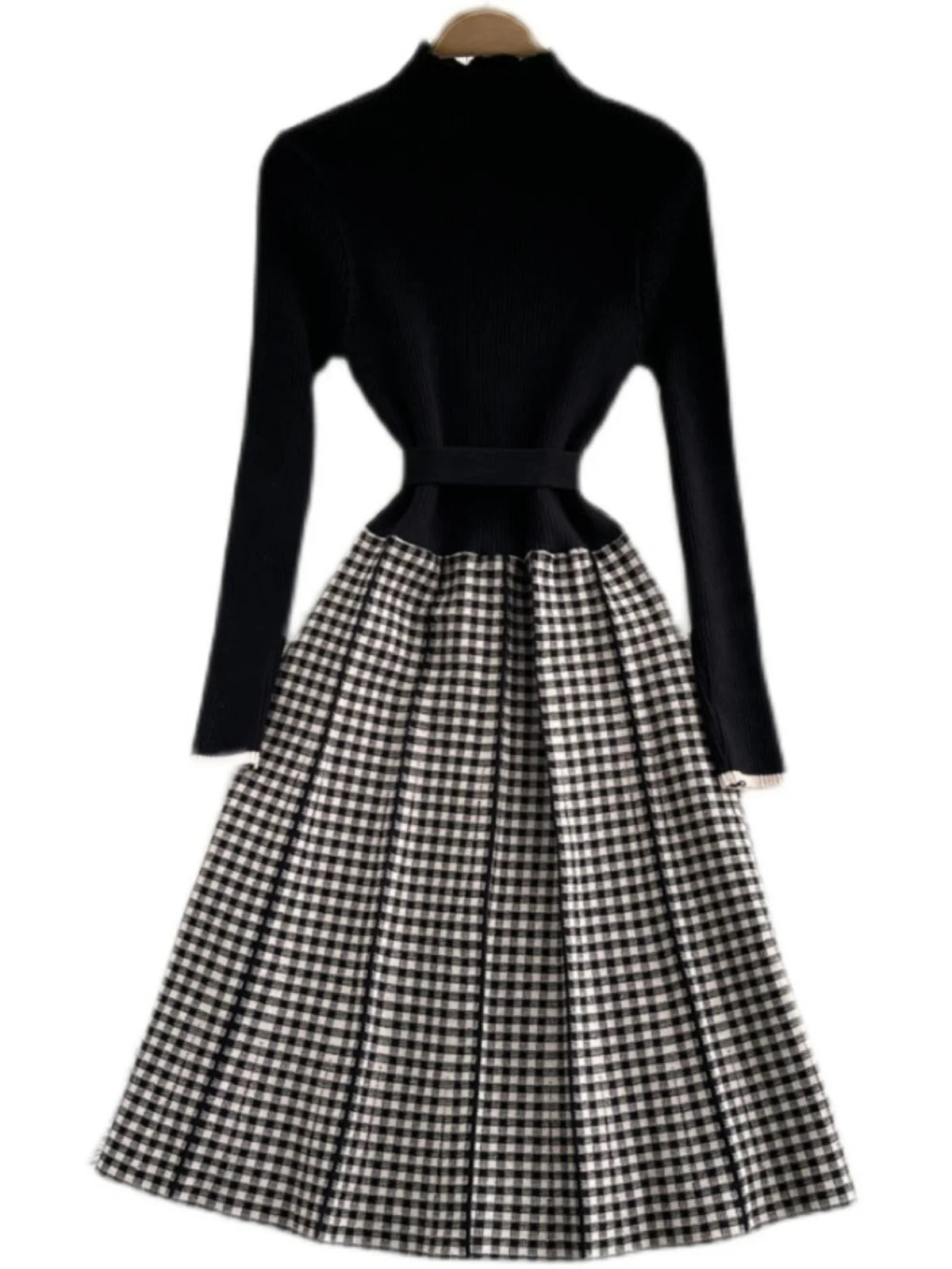 Women's New French Vintage Black Patchwork Lattice Slim Temperament Knit Dress Autumn Winter Elegant Bandage Party Long Dresses