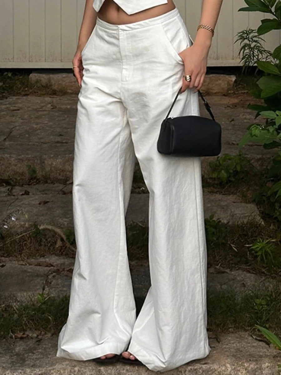 White Fashion Two Piece Sets for Women Halter Sleeveless Backless Spliced Button Sexy Vest Wide Leg Pant Set Female