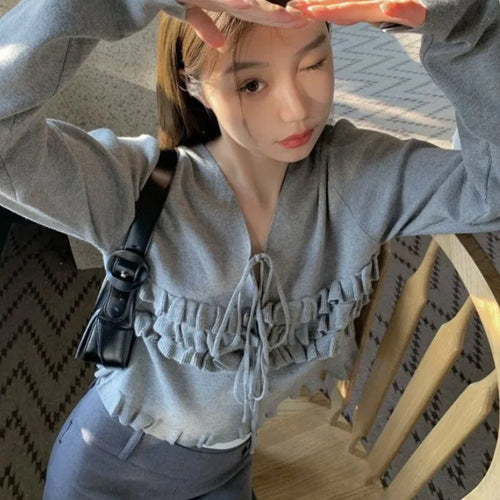 Load image into Gallery viewer, Autumn Ruffled Casual Solid Pullovers Women  Harajuku V Neck Bandage Jumper Loose Knitted Y2k Aesthetic Grunge Crop Sweaters
