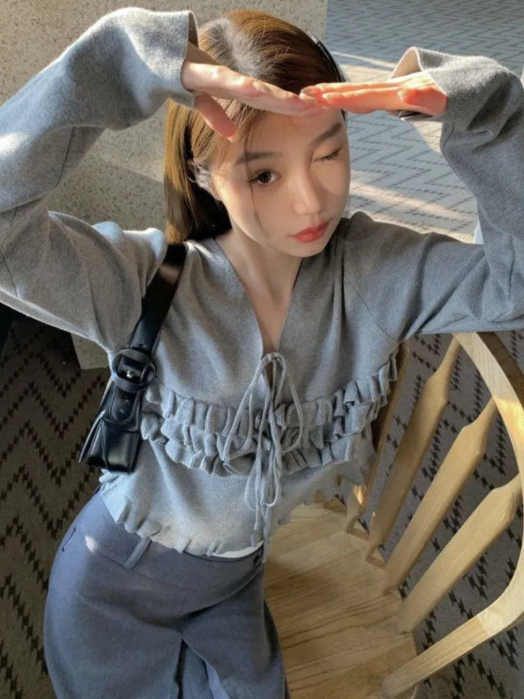 Autumn Ruffled Casual Solid Pullovers Women  Harajuku V Neck Bandage Jumper Loose Knitted Y2k Aesthetic Grunge Crop Sweaters