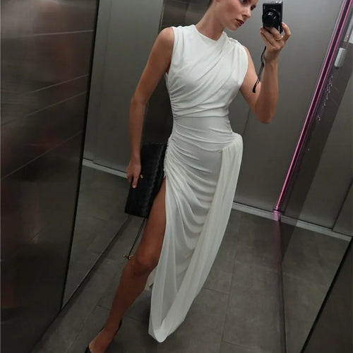 Load image into Gallery viewer, Hollow Out Draped Ruched Sexy Maxi Dress Women Gown Elegant Sleeveless Backless Thigh High Split Long Dress Clubwear
