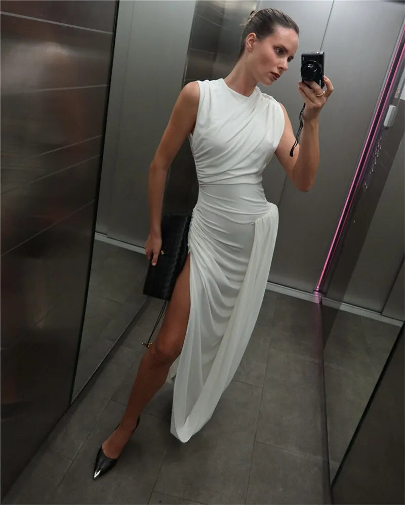 Hollow Out Draped Ruched Sexy Maxi Dress Women Gown Elegant Sleeveless Backless Thigh High Split Long Dress Clubwear