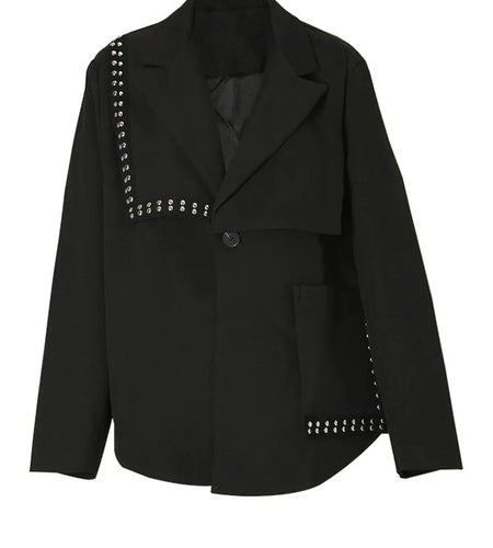 Loose Fit Black Irregular Rivet Big Size Jacket New Lapel Long Sleeve Women Coat Fashion Tide Spring Autumn 2025 1DF3046