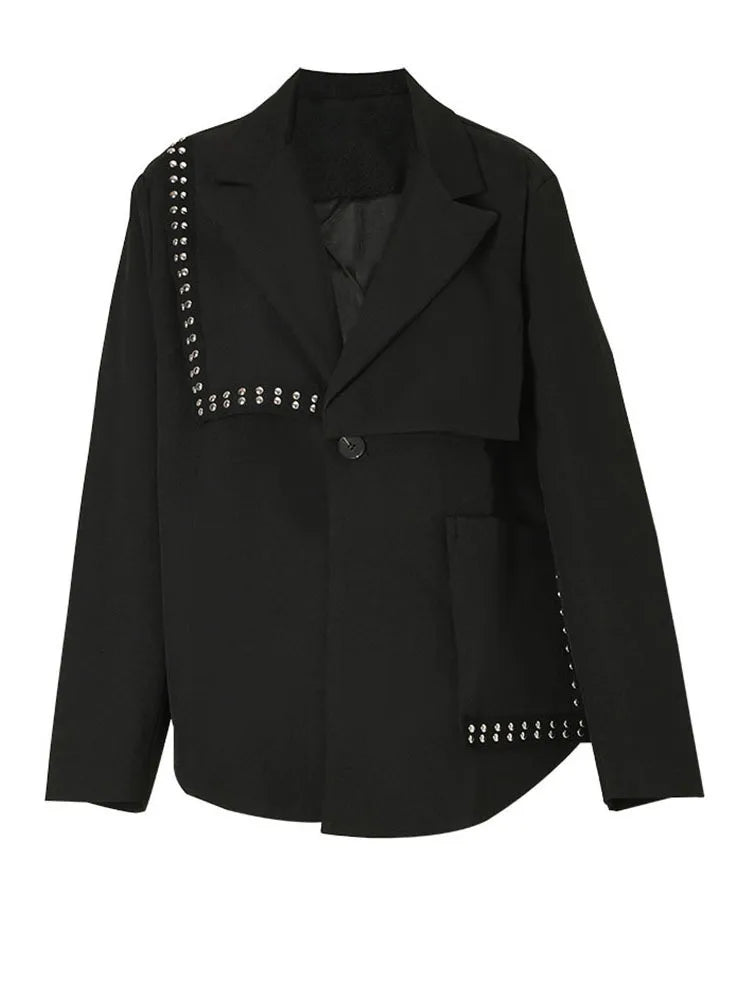 Loose Fit Black Irregular Rivet Big Size Jacket New Lapel Long Sleeve Women Coat Fashion Tide Spring Autumn 2025 1DF3046