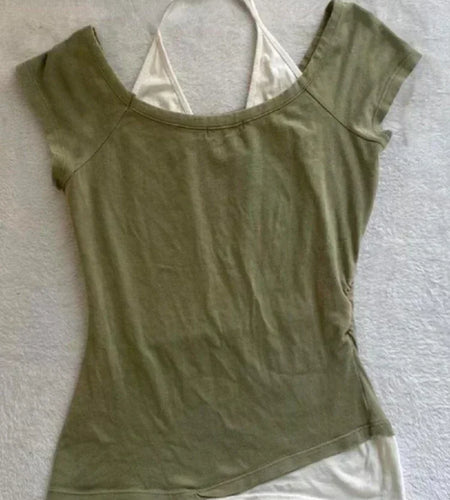 Summer Fake Two Pieces Halter Bandage Vintage T-shirts Y2k Aesthetic Slim Crop Tops Women Grunge Print Harajuku Casual Sexy Tee