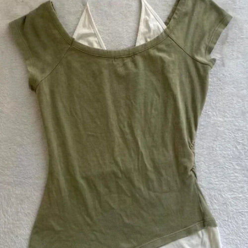 Load image into Gallery viewer, Summer Fake Two Pieces Halter Bandage Vintage T-shirts Y2k Aesthetic Slim Crop Tops Women Grunge Print Harajuku Casual Sexy Tee
