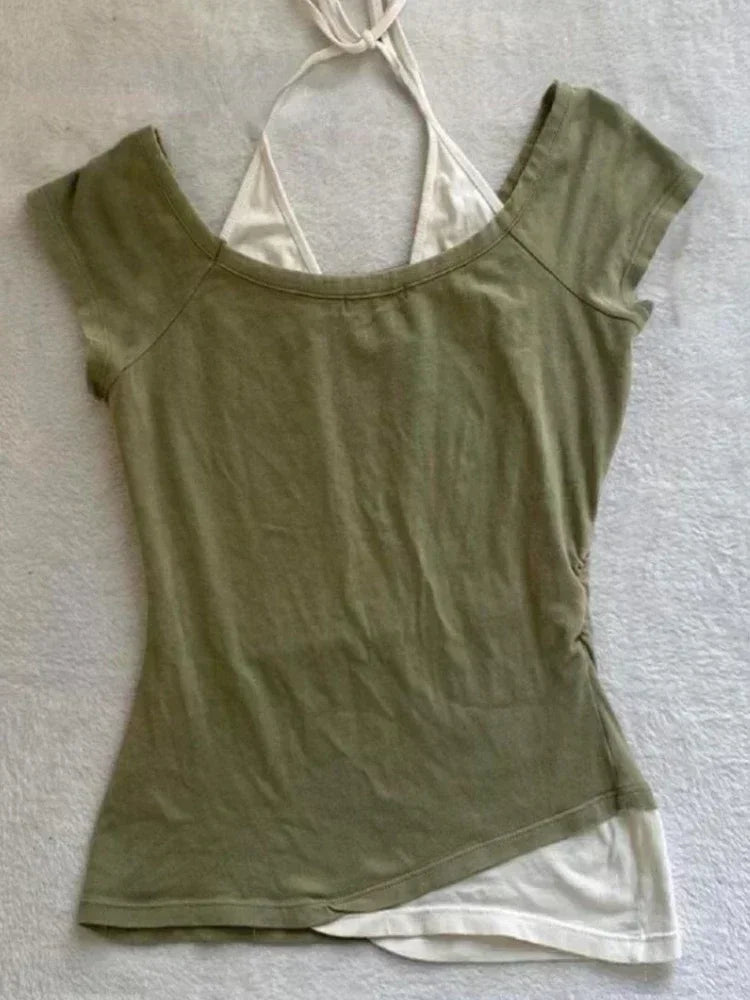 Summer Fake Two Pieces Halter Bandage Vintage T-shirts Y2k Aesthetic Slim Crop Tops Women Grunge Print Harajuku Casual Sexy Tee