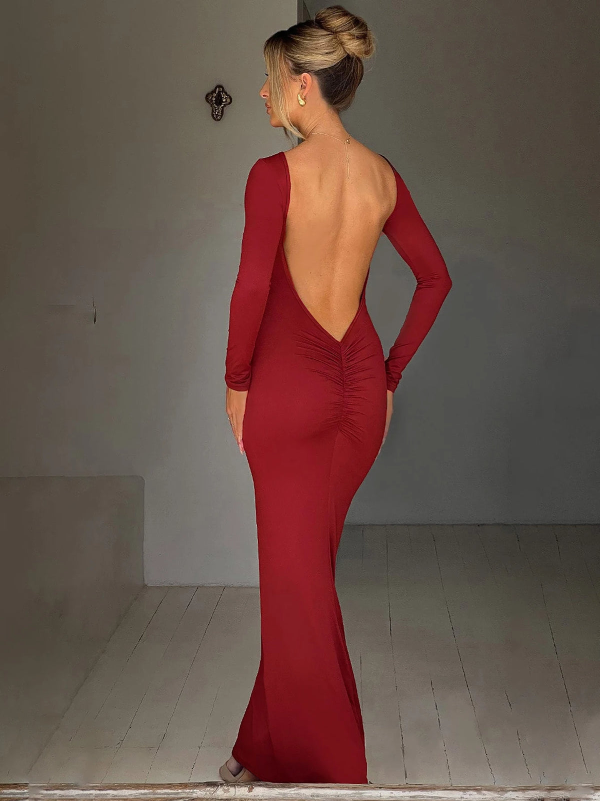 Spring Elegant Long Sleeve Backless Solid Cuched Sexy Slim Maxi Prom Dress Women Clothes Evening Party Birthday Club