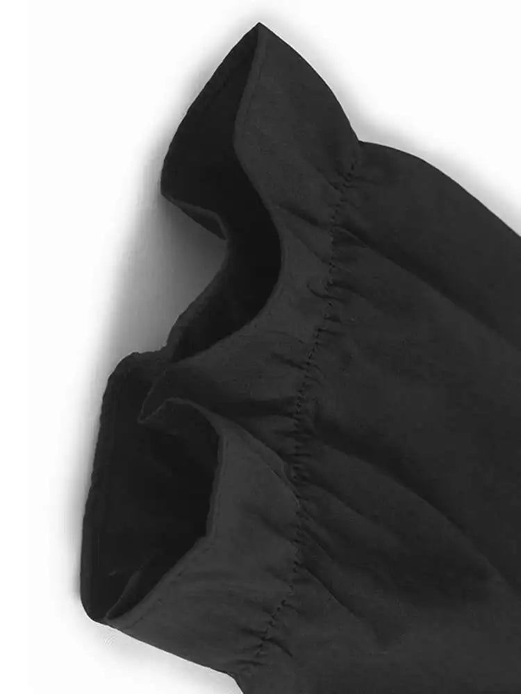 Women Black Pleated Brief Big Size Midi Dress New Round Neck Three-quarter Sleeve Fashion Spring Autumn 2025   1DJ0716