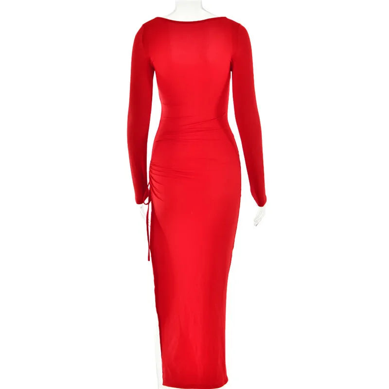 Long Sleeve Ruched High Split Maxi Dress Women Square Collar Drawstring Bodycon Sexy Party Long Dress Elegant Autumn