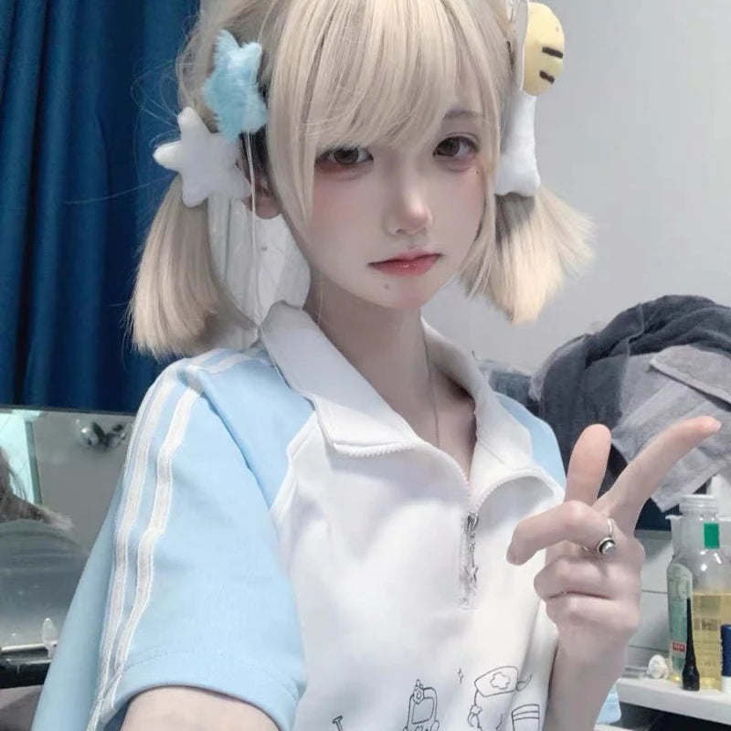 Japanese Preppy Style Cartoon Print T-shirt Summer Contrast Color Patchwork Grunge Tops Harajuku Stand Neck Zipper Loose Tshirts