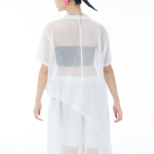 Load image into Gallery viewer, Women Black Grid Hollow Out Big Size Irregular T-shirt New Round Neck Short Sleeve Fashion Tide Spring Summer 2025 1DJ1878
