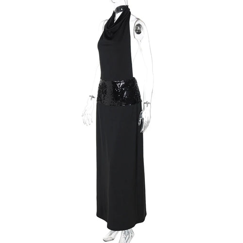 Load image into Gallery viewer, Black Halter Backless Sexy Maxi Dress For Women Gown Elegant Glitter High Waist O Neck Sleeveless Long Dress Elegant
