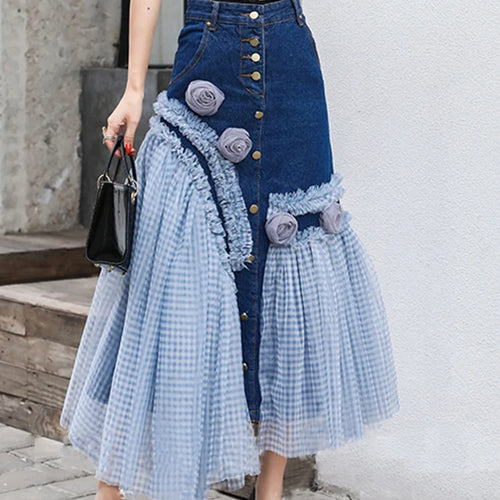 Load image into Gallery viewer, Colorblock Patchwork Mesh Denim Skirts For Women High Waist Spliced Appliques Slimming Bodycon Skirt Female
