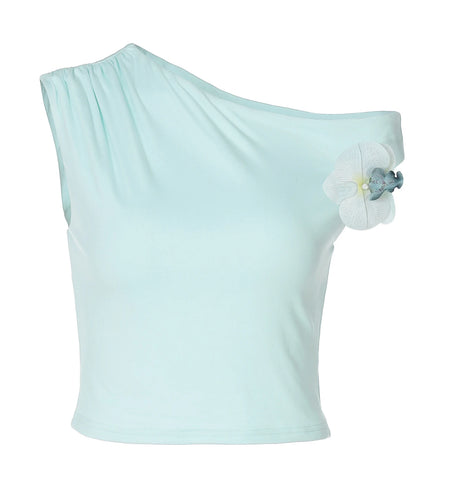 y2k Crop Top Women Floral Embellished Slant Neck Off One Shoulder Sleeveless T Shirt 2000s Coquette Clothing Streetwear