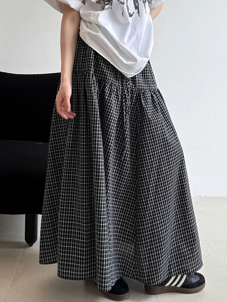 High Elastic Waist Blue Plaid Vintage Long A-line Half-body Skirt Women Fashion Tide New Spring Autumn 2025   1DJ0935