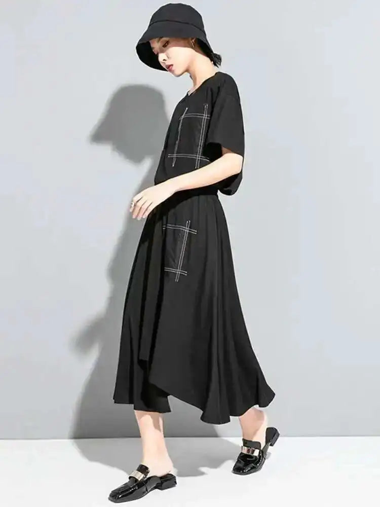 Irregular Pocket Spliced High Elastic Waist Black Half-body Mid-Calf Skirt Women Fashion Tide Spring Summer 2025 1DD8090